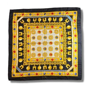 Vintage CELINE Triomphe Chain Silk Scarf Navy & Gold 34”